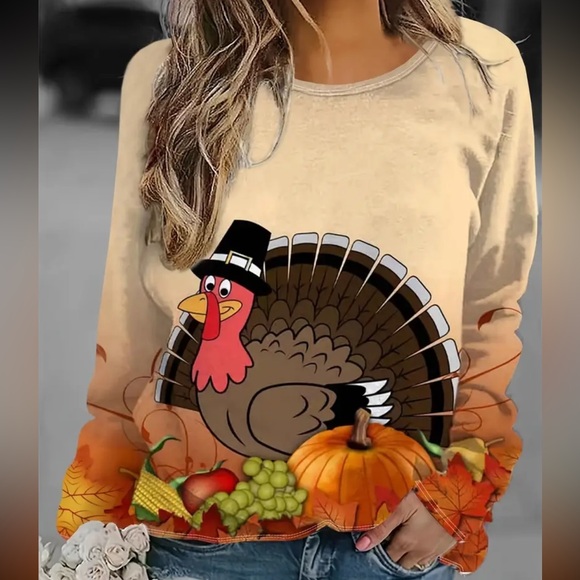 Thanksgiving Turkey print LS shirt for women size M fall multicolor ships fast! - Picture 1 of 7